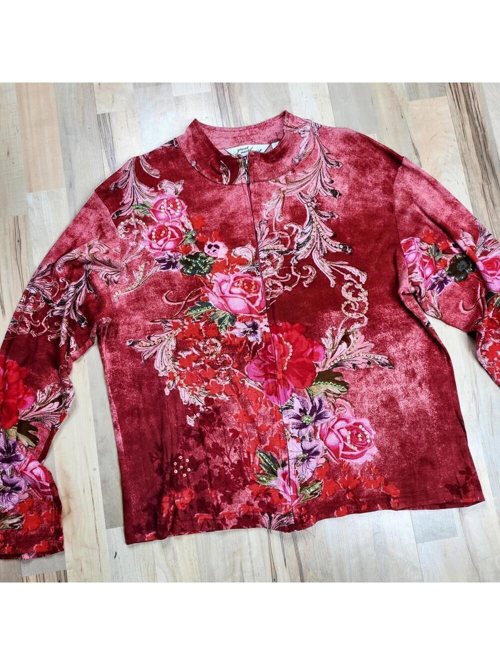 Great Northwest Floral Baroque Zip Jacket Red Pink Cotton Embellished XL